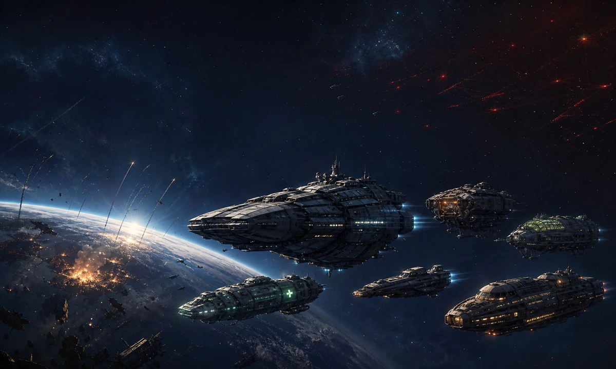 The Defiance and civilian ships leaving Earth